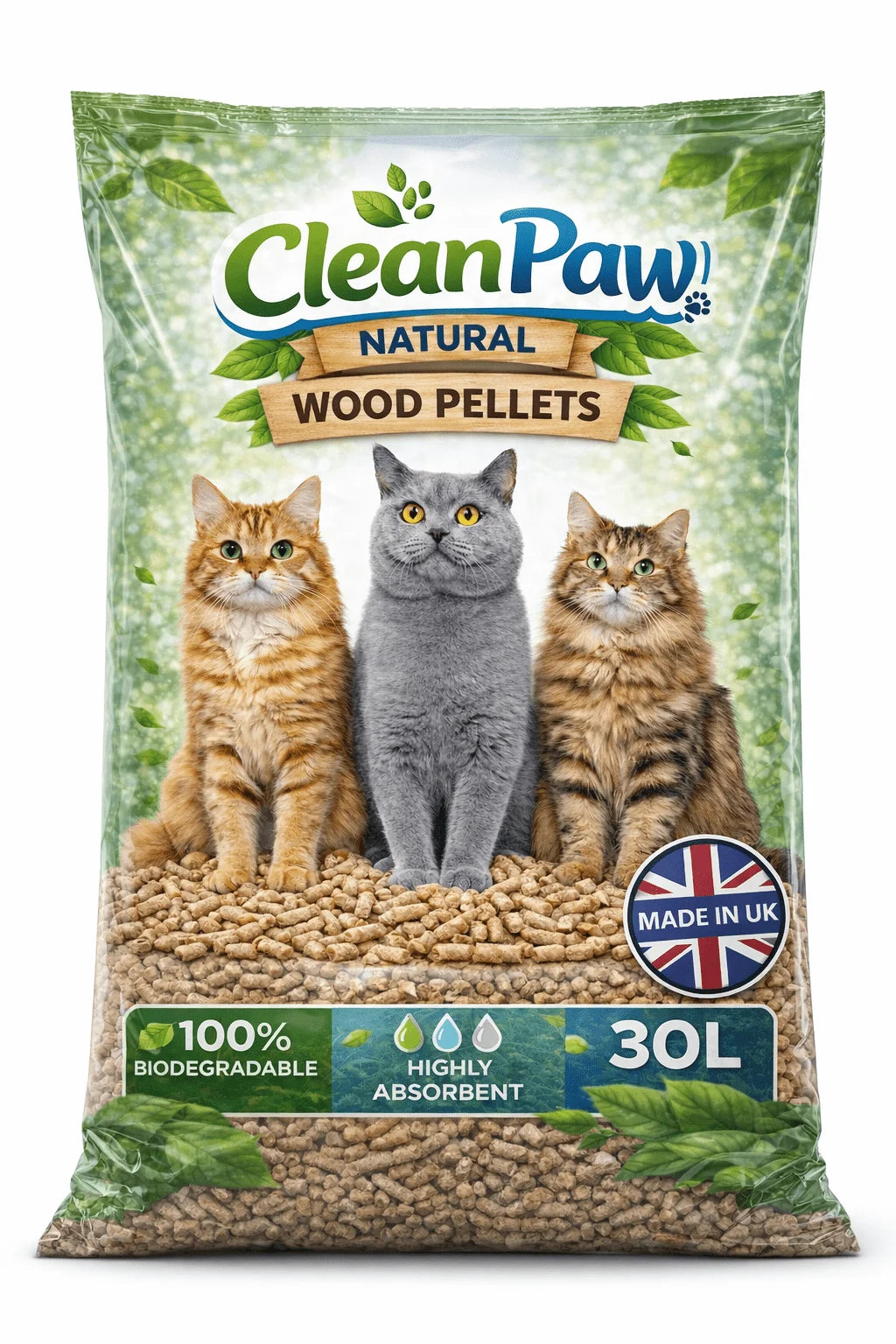 30L Clean Paw Wood Pellet Cat Litter Natural Absorbent Pet Bedding for Cats, Small Animals & Litter Trays Low Dust Odour Control Pellet Litter