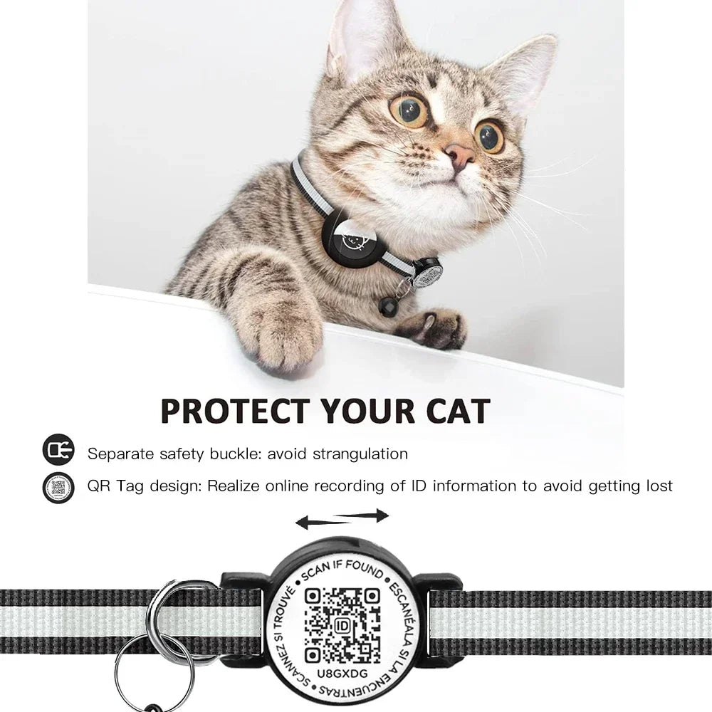 GPS Tracker Cat Collar with QR Name Tag & AirTag Holder, 2 IN 1 Protection Reflective Kitten Collar for Cats Airtag Case(No GPS)