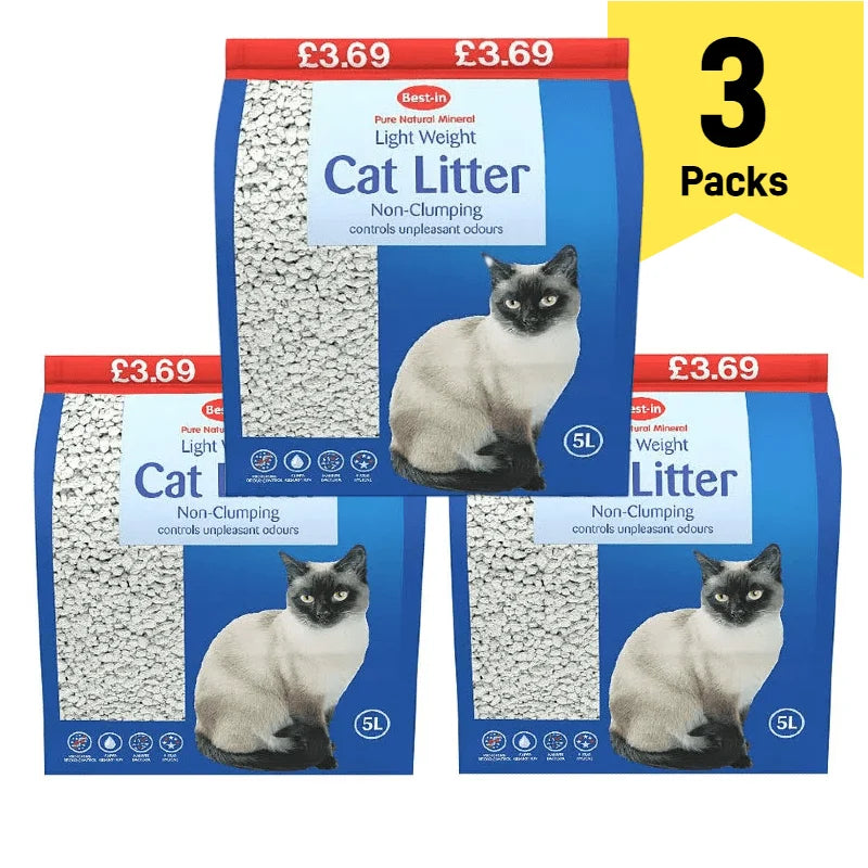 3Pack Bestone Non-Clumping Cat Litter 15L, Lightweight Mineral Litter for Indoor Cats, Suitable for Litter Trays