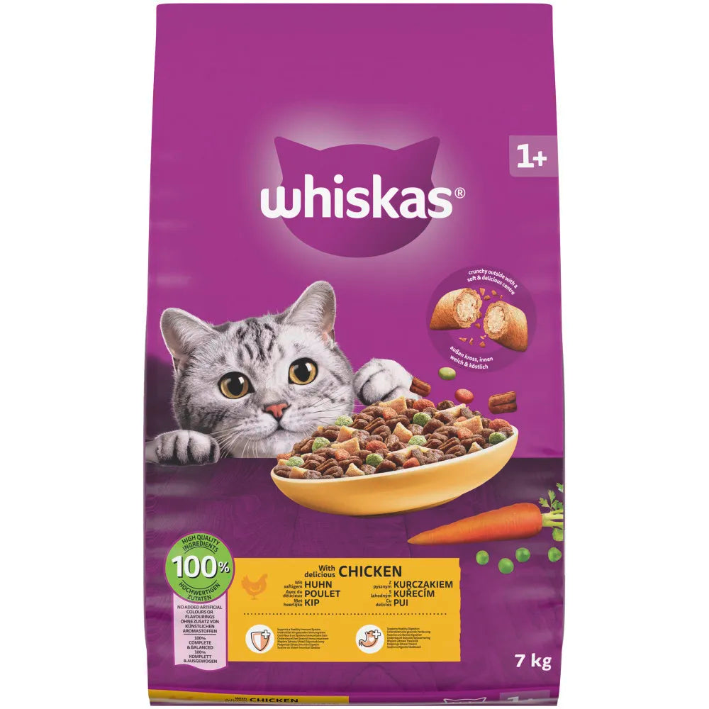7kg Whiskas 1+ Adult Complete Dry Cat Food Chicken Bulk Pack Cat Biscuits