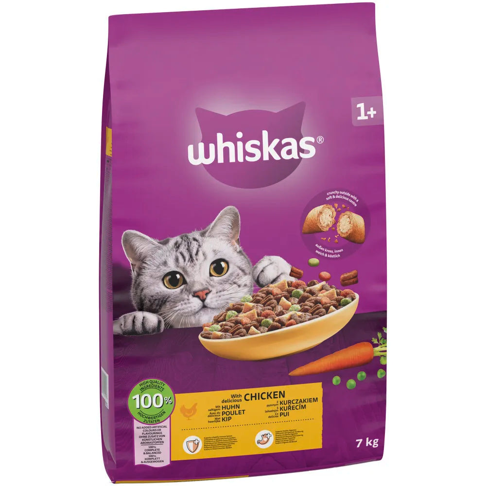 7kg Whiskas 1+ Adult Complete Dry Cat Food Chicken Bulk Pack Cat Biscuits