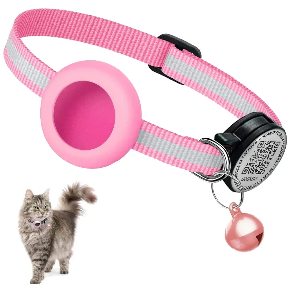 GPS Tracker Cat Collar with QR Name Tag & AirTag Holder, 2 IN 1 Protection Reflective Kitten Collar for Cats Airtag Case(No GPS)